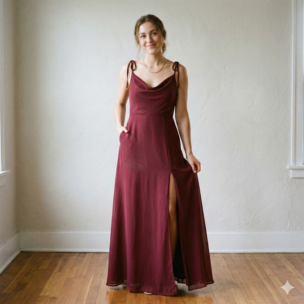 Jenny Yoo Brinley Maxi Dress Womens 8 Burgundy Red Cowl Neck Wedding Bridesmaid